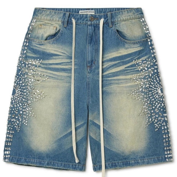 NEW VALE FOREVER Men’s Sirens Crystal Jorts Size 40 Blue Streetwear Denim Shorts